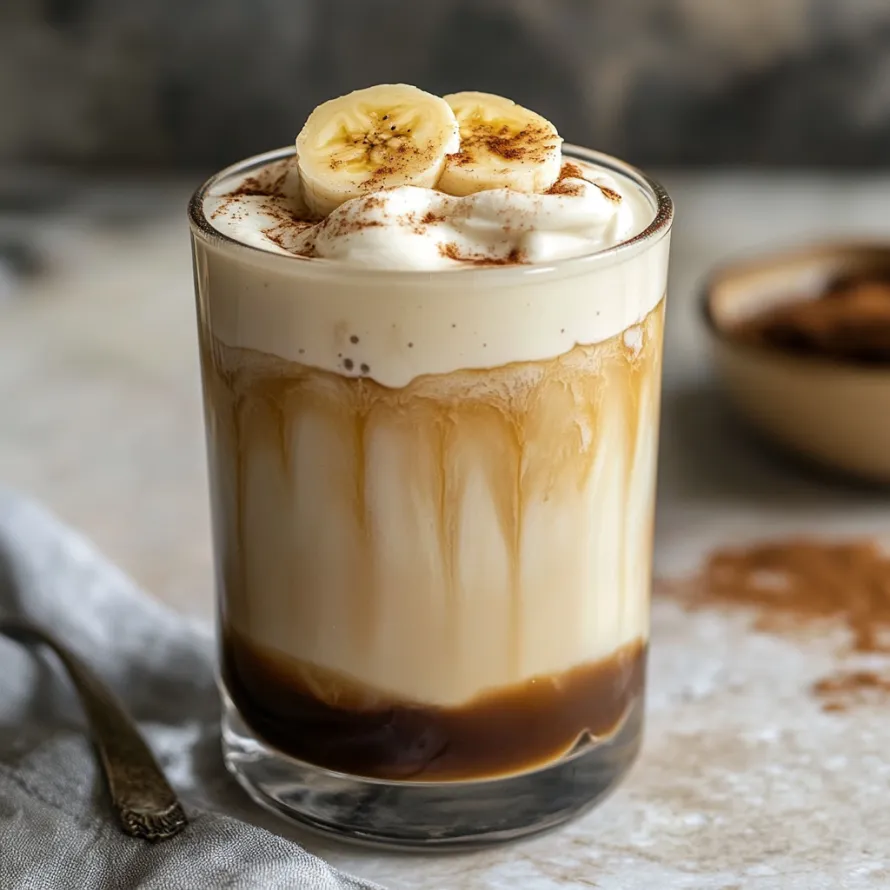 A glass of banana milk with a spoon in it.