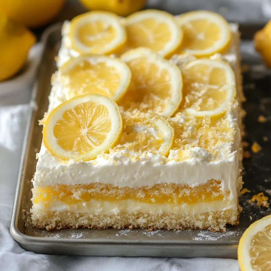 A slice of lemon cake with lemon wedges on top.