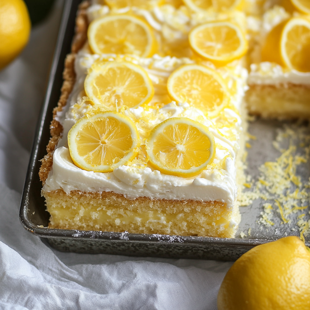 A slice of lemon cake with lemon wedges on top.