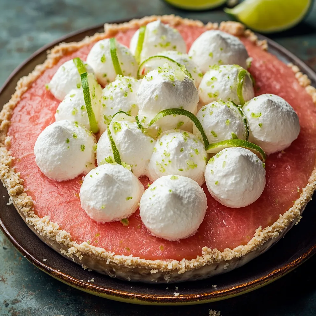 A slice of watermelon with white balls on top.