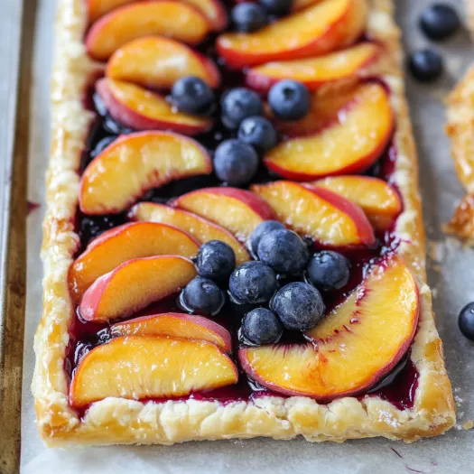 A blueberry and peach pie with a blueberry on top.