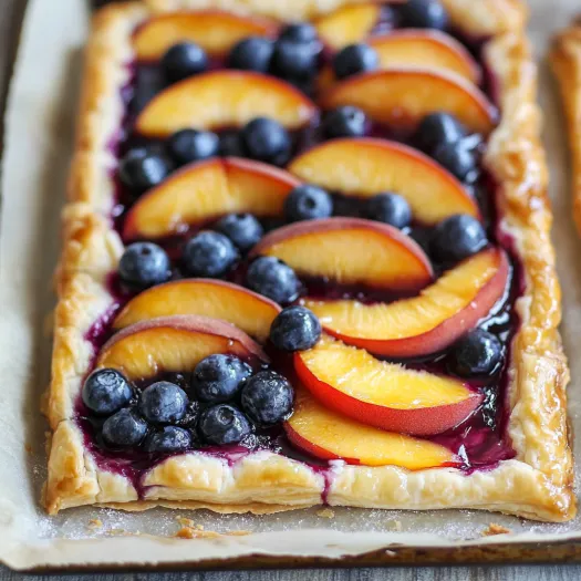 A blueberry and peach pie with a blueberry on top.