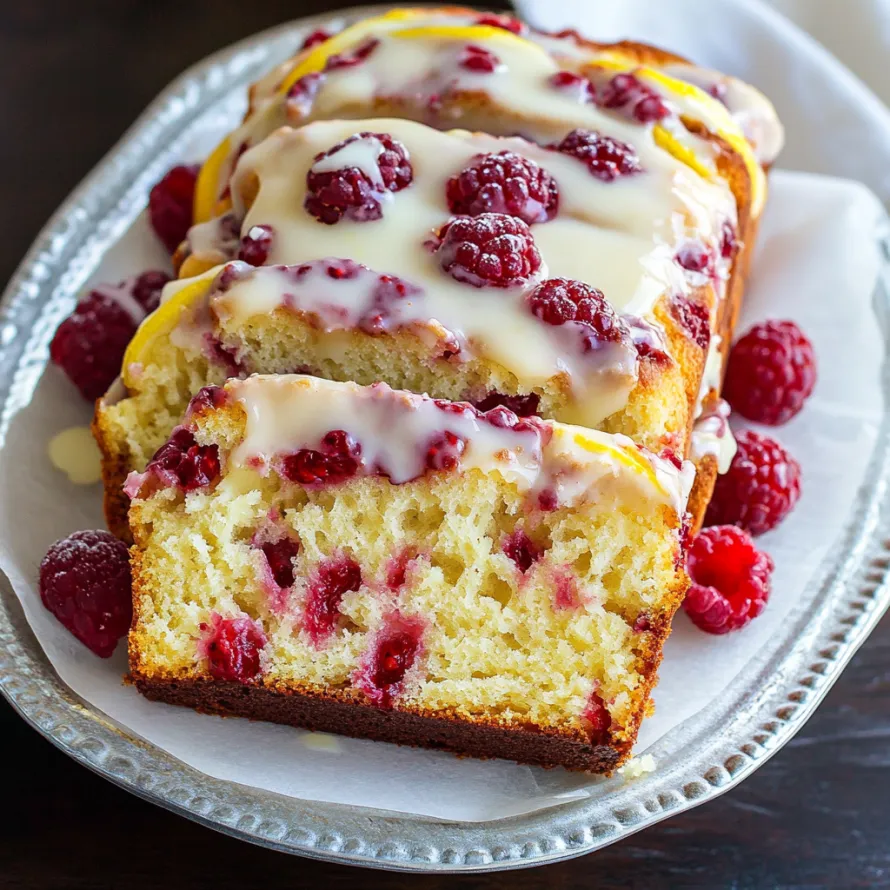 A slice of loaf cake with raspberries scattered over.