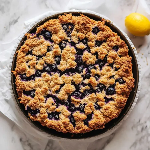 A berry crumble dessert with a slice of lemon beside it.