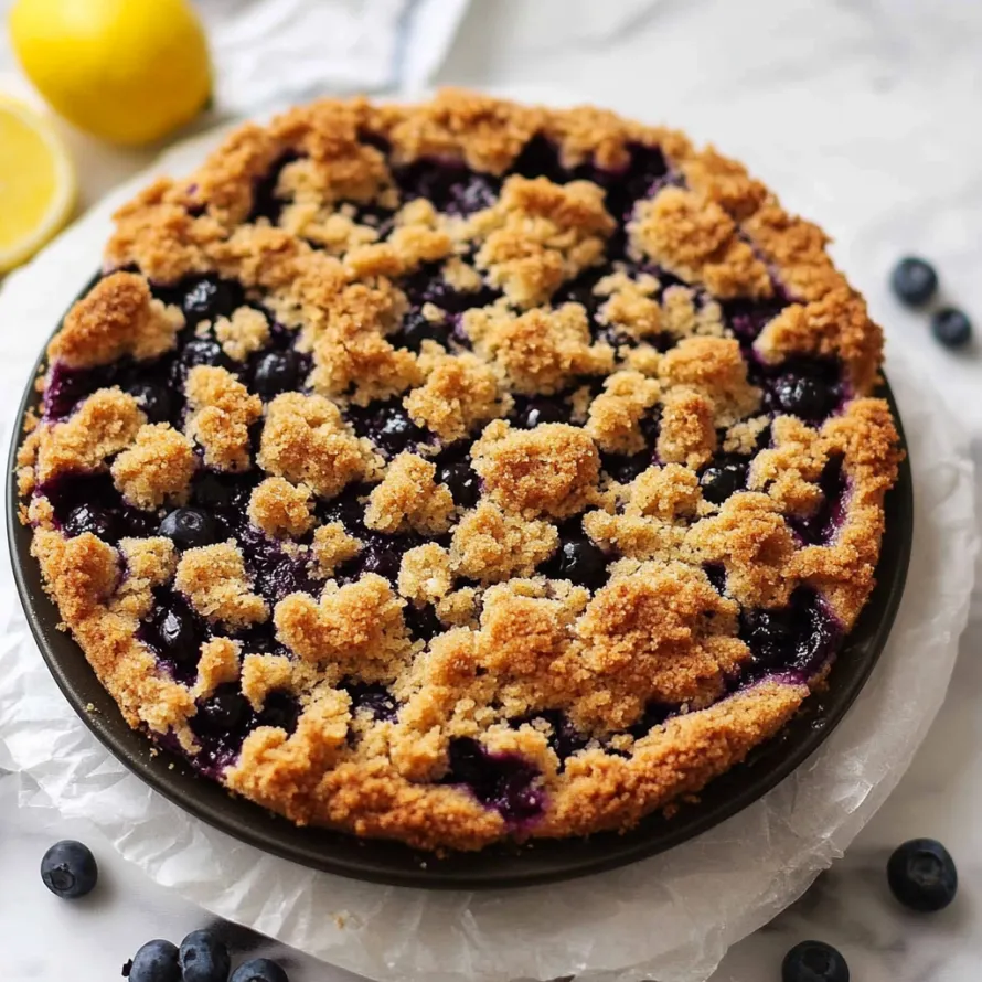 A berry crumble cake with a lemon slice on the surface.
