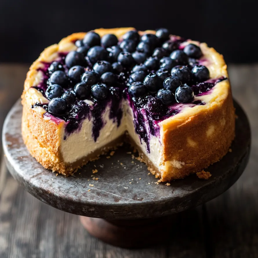 A slice of creamy cheesecake topped with blueberries on a plate.