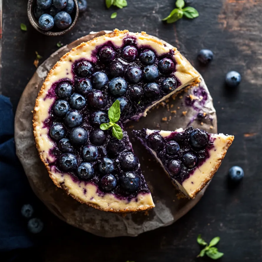 A slice of blueberry cheesecake.