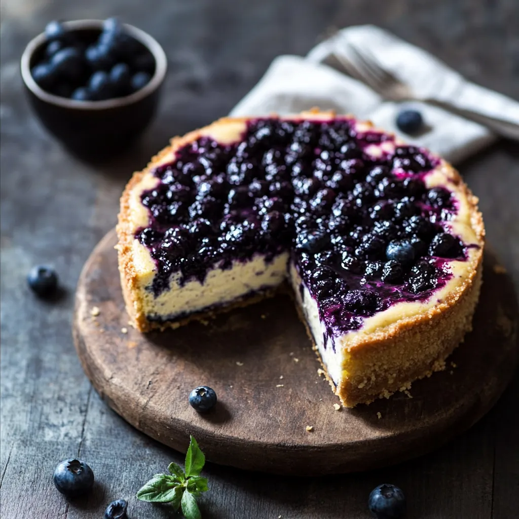 A slice of blueberry cheesecake on a wooden board.