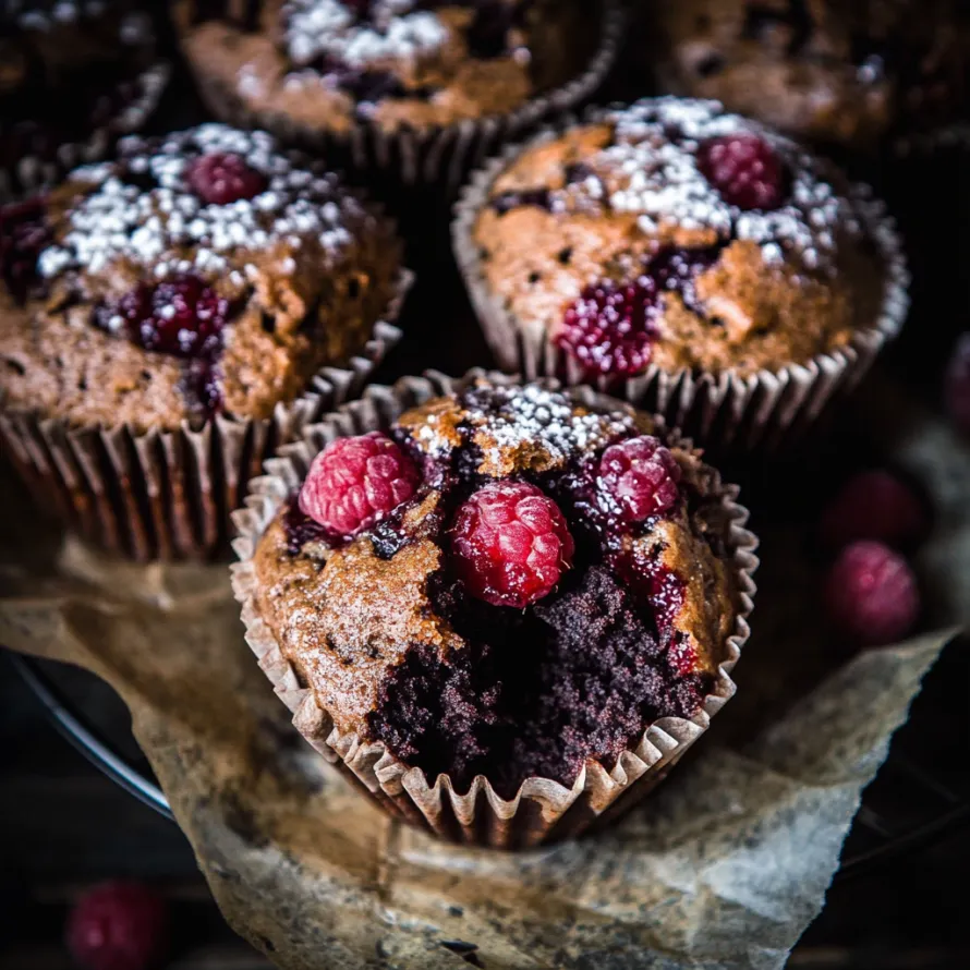 A single muffin topped with dark chocolate and raspberries.