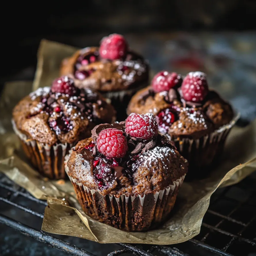 Three cupcakes with raspberries on top.
