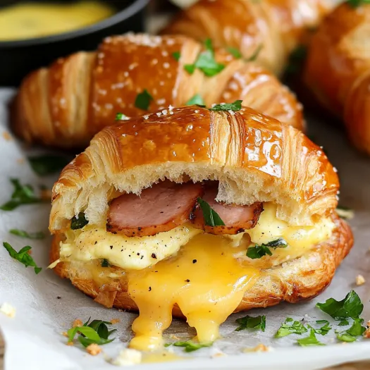 A flaky croissant stuffed with cheese and ham.
