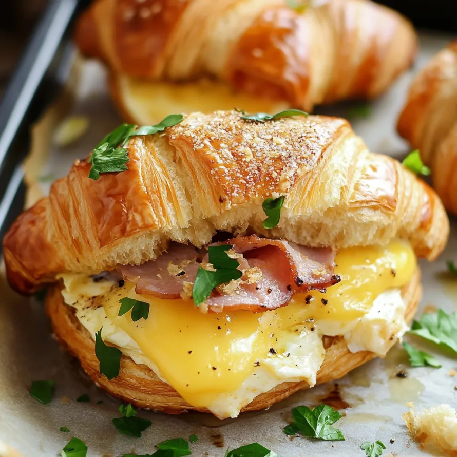 A croissant sandwich with ham and egg.
