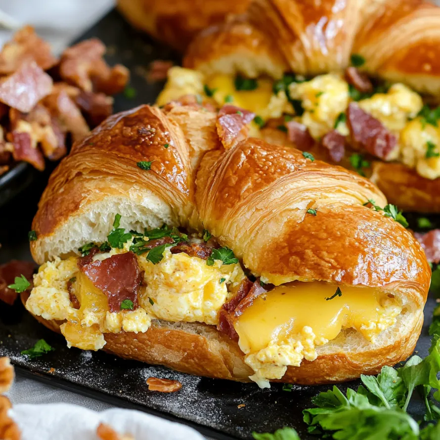 A croissant with eggs and bacon inside.