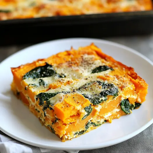 A helping of spinach and sweet potato bake on a white plate.