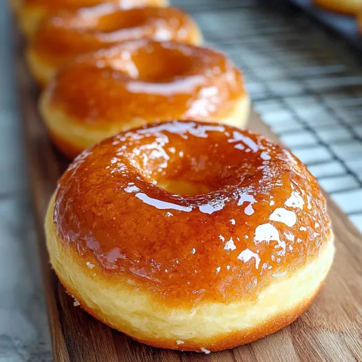 A fluffy donut with caramel topping on a wooden table.