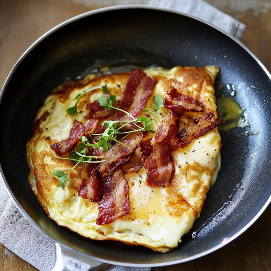 A fried egg with bacon and herbs.