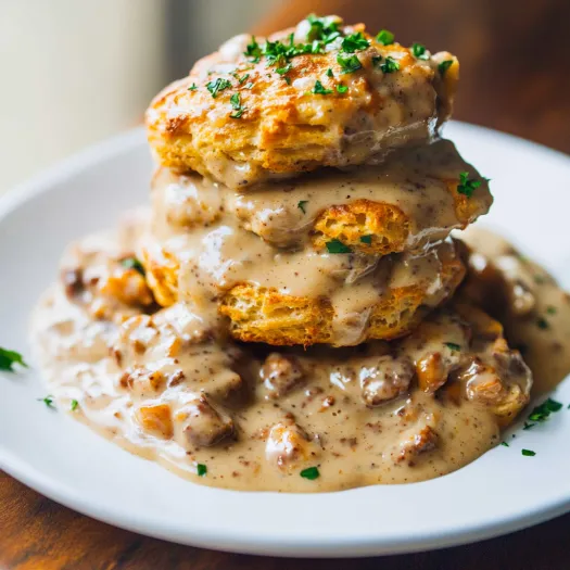 A stack of biscuits with gravy on top.