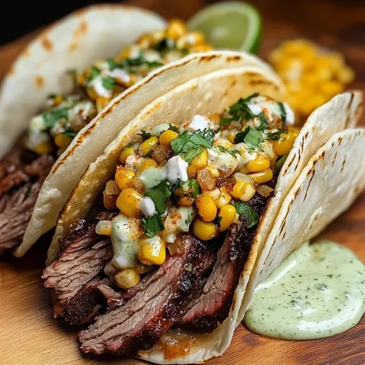 Two taco shells stuffed with brisket and seasoned corn, served on a wooden table.