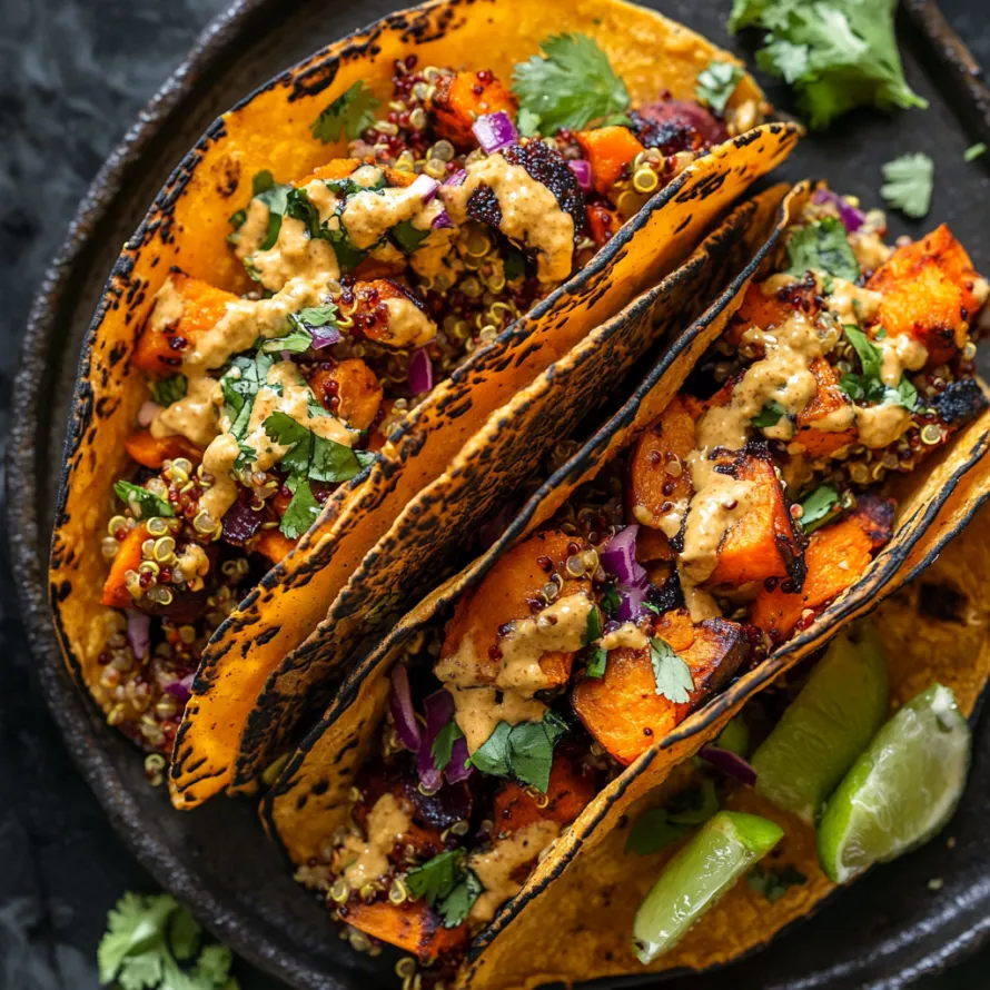 Two loaded tacos topped with colorful ingredients.