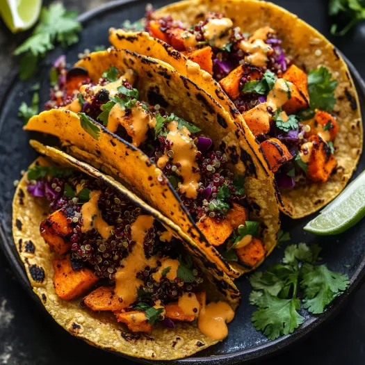 Two tacos with a sauce on top.
