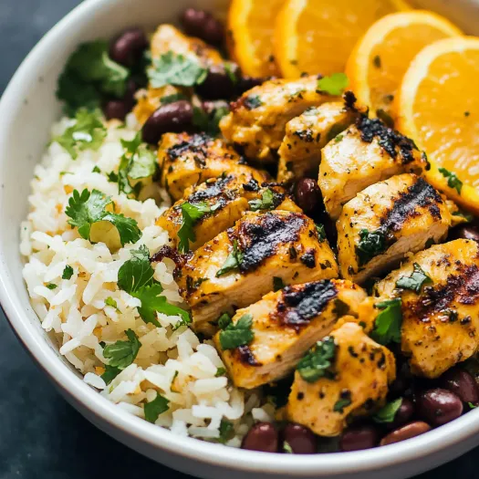 A bowl of rice, beans, and chicken.