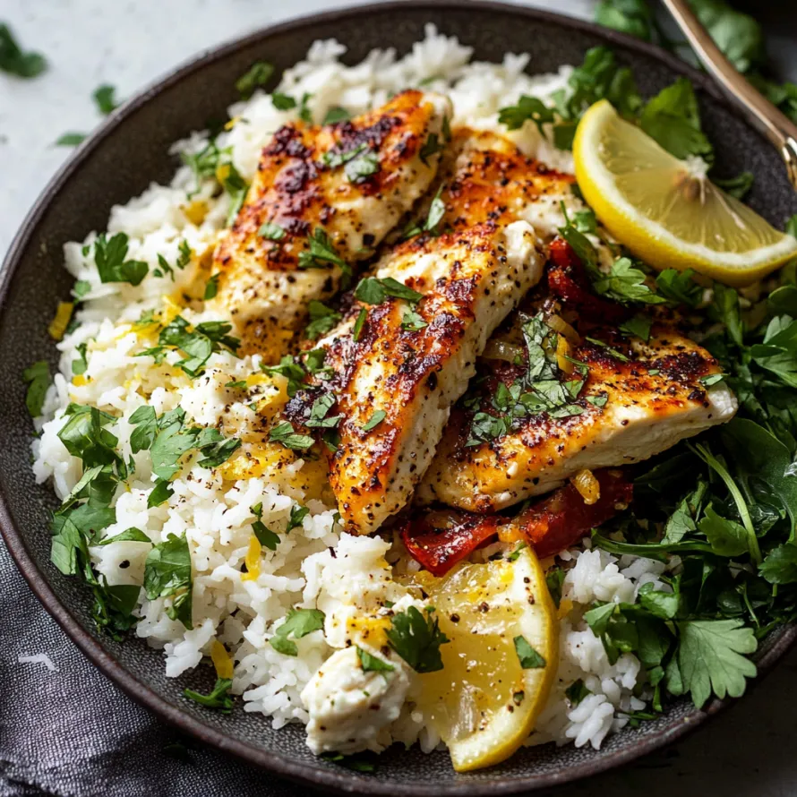 A serving of chicken and rice topped with vibrant sides and lemon.