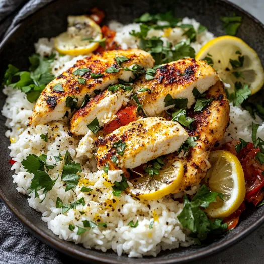 A plate of food with rice, chicken, tomatoes, and lemon.