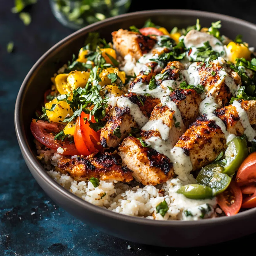 A bowl featuring chicken, rice, tomatoes, and green peppers.