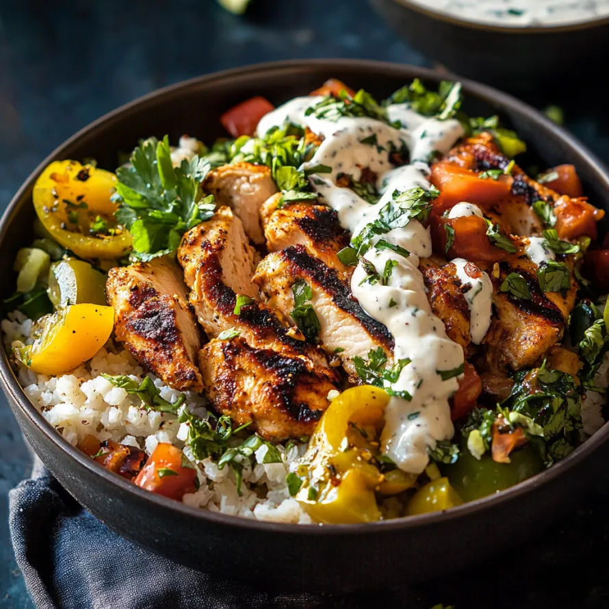 A bowl of food with rice, chicken, tomatoes, and sauce.