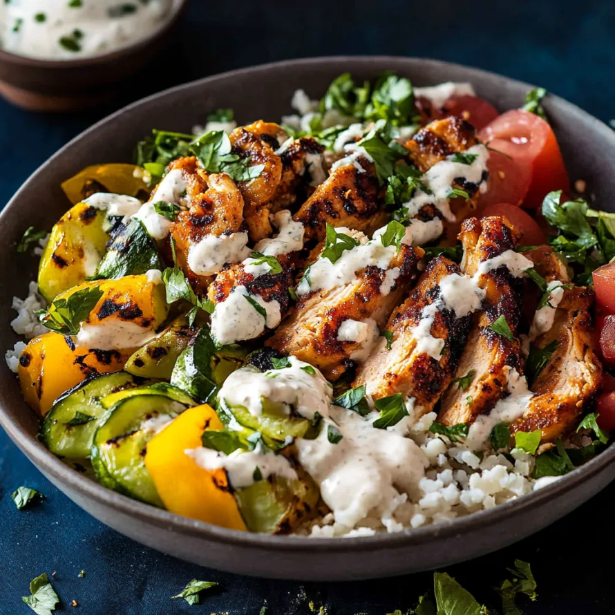 A bowl of food with chicken, tomatoes, and lettuce.