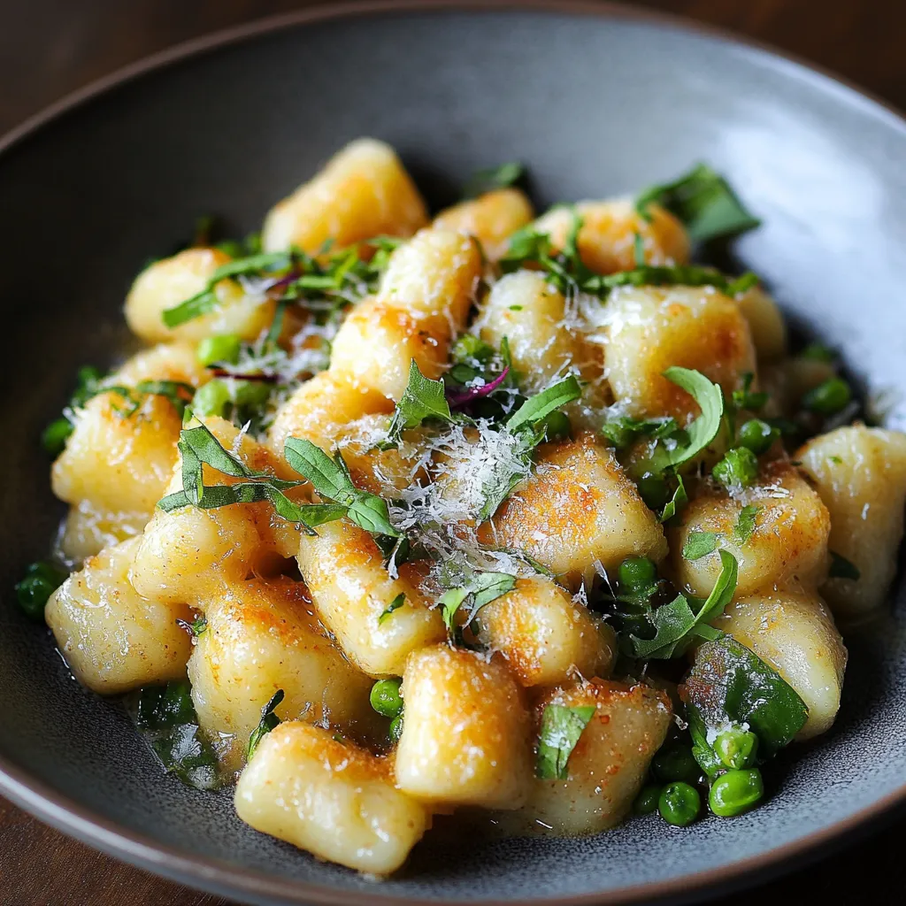 A bowl of fluffy gnocchi with peas and greens.