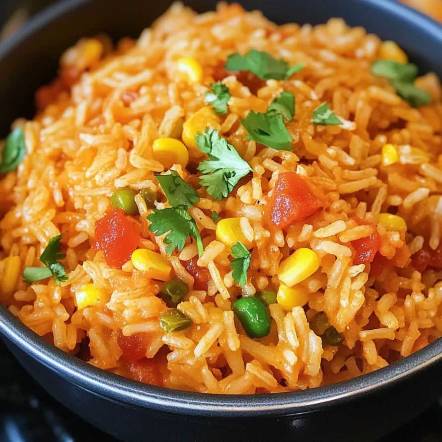 A serving of rice with colorful peppers and corn.