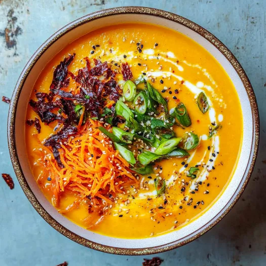 A bowl of soup with carrots and green onions.