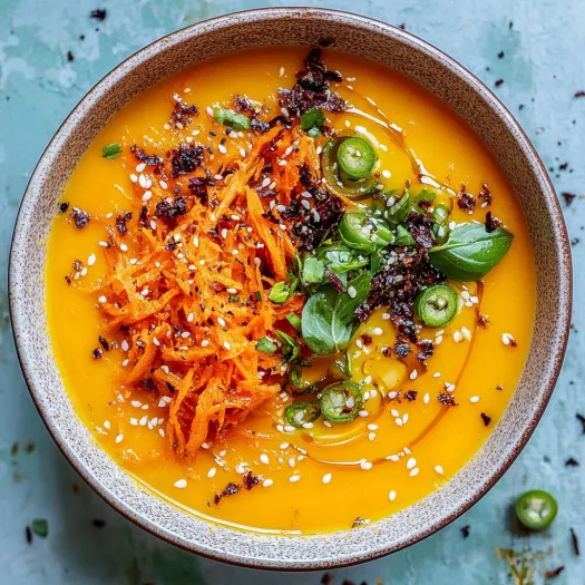 A bowl of soup with carrots and green onions.
