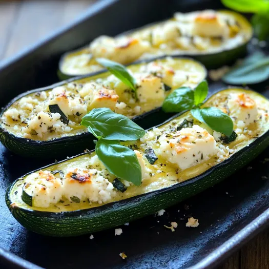 Plate with zucchini stuffed with cheese and herbs.