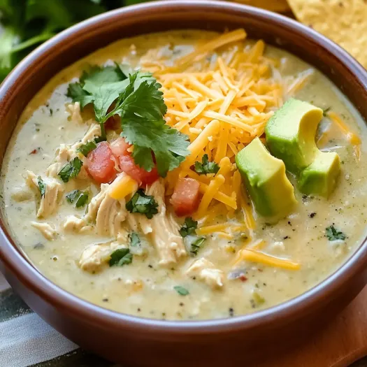 A bowl of cheesy chicken soup with vibrant colors.