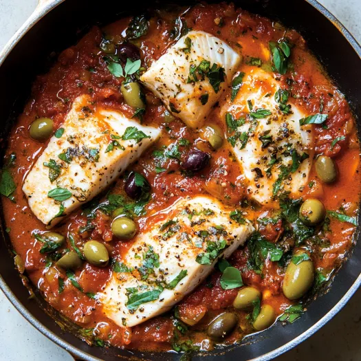 A close-up of fish in a tomato-based sauce with olives.