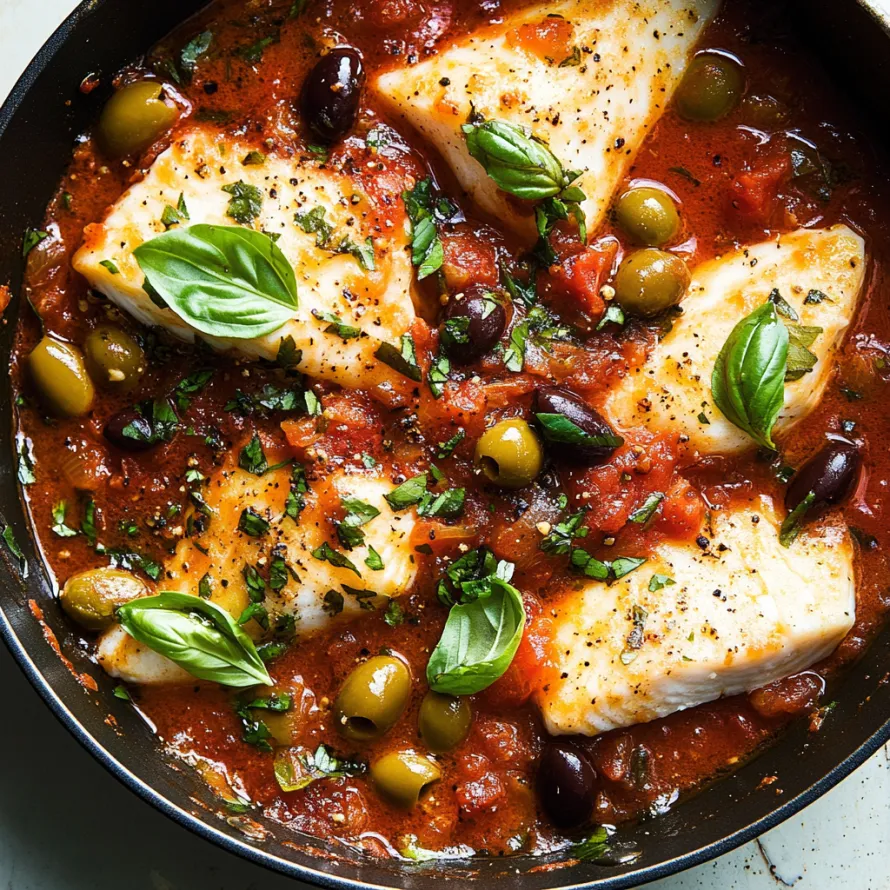 A bowl of fish with green leaves and olives.