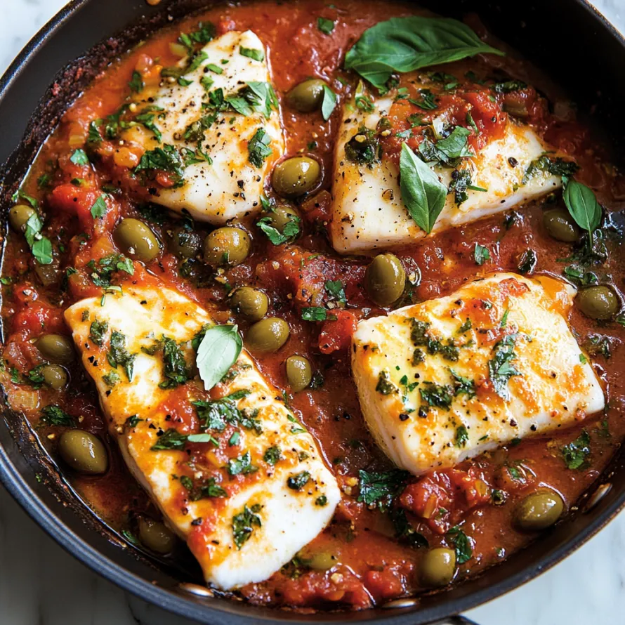 A bowl of fish with tomatoes and herbs.