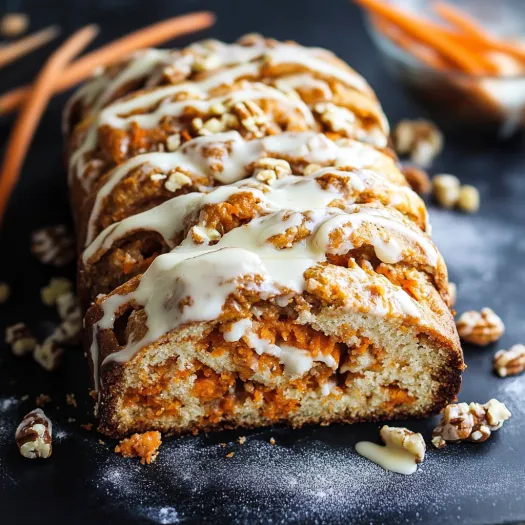 A loaf of bread with white icing and nuts on top.
