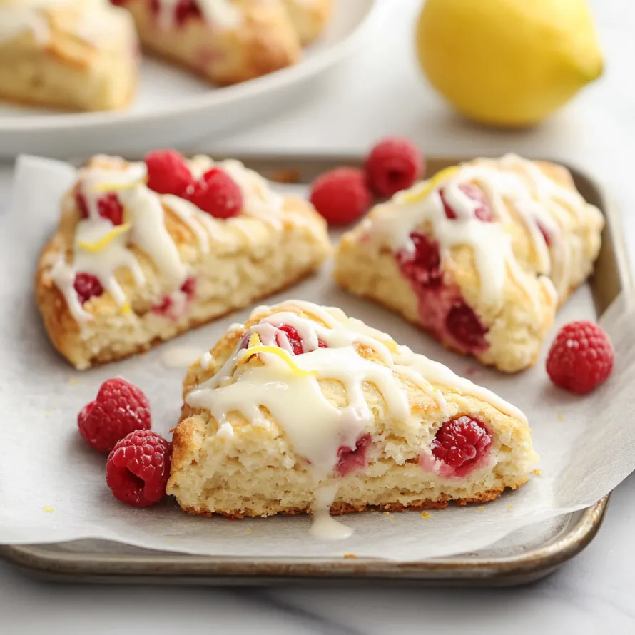 A serving dish filled with golden lemon and raspberry scones.