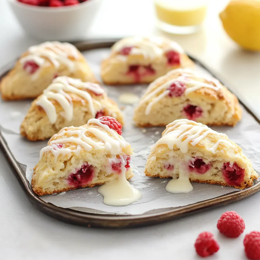 A plate of pastries with white icing and raspberries.
