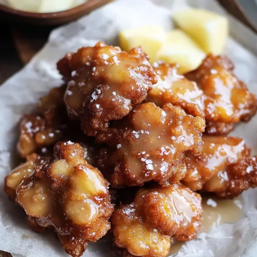Golden fritters with glaze and sea salt on a plate.