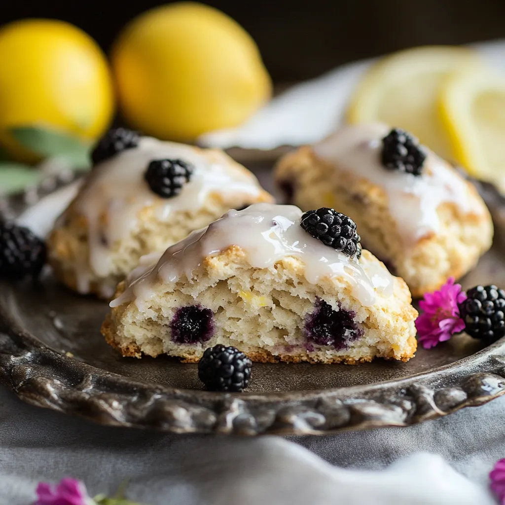 A plate of scones with blackberries and lemon wedges.