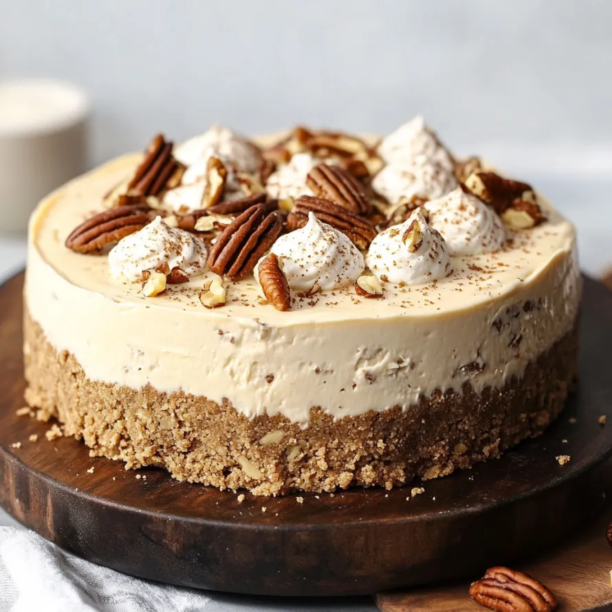 A slice of cake with nuts on top.