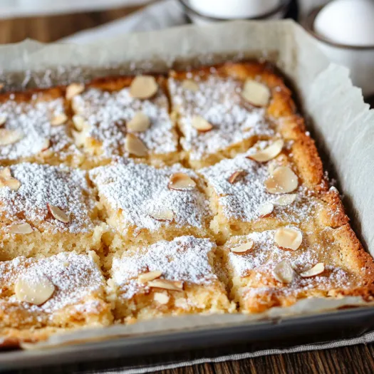 Almond-topped cake sprinkled with powdered sugar on a tray.