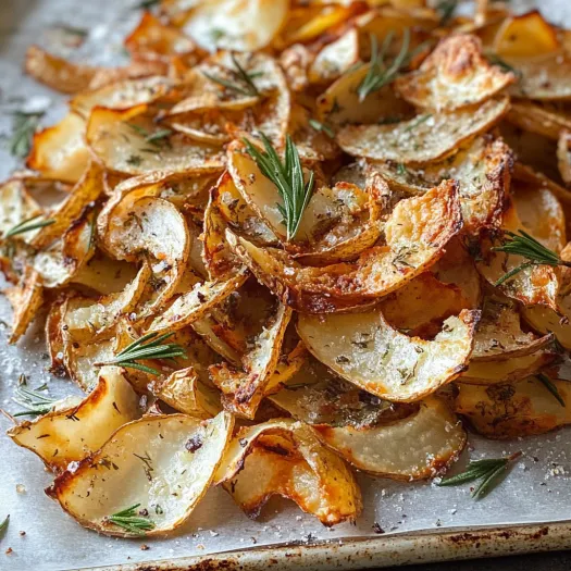 Crispy potato skins with fresh herbs scattered on top.