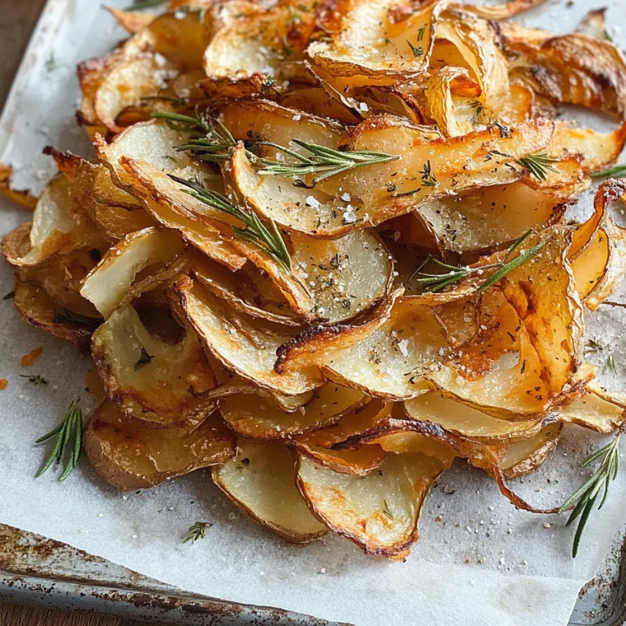 Golden brown potato peels with aromatic herbs scattered on top.
