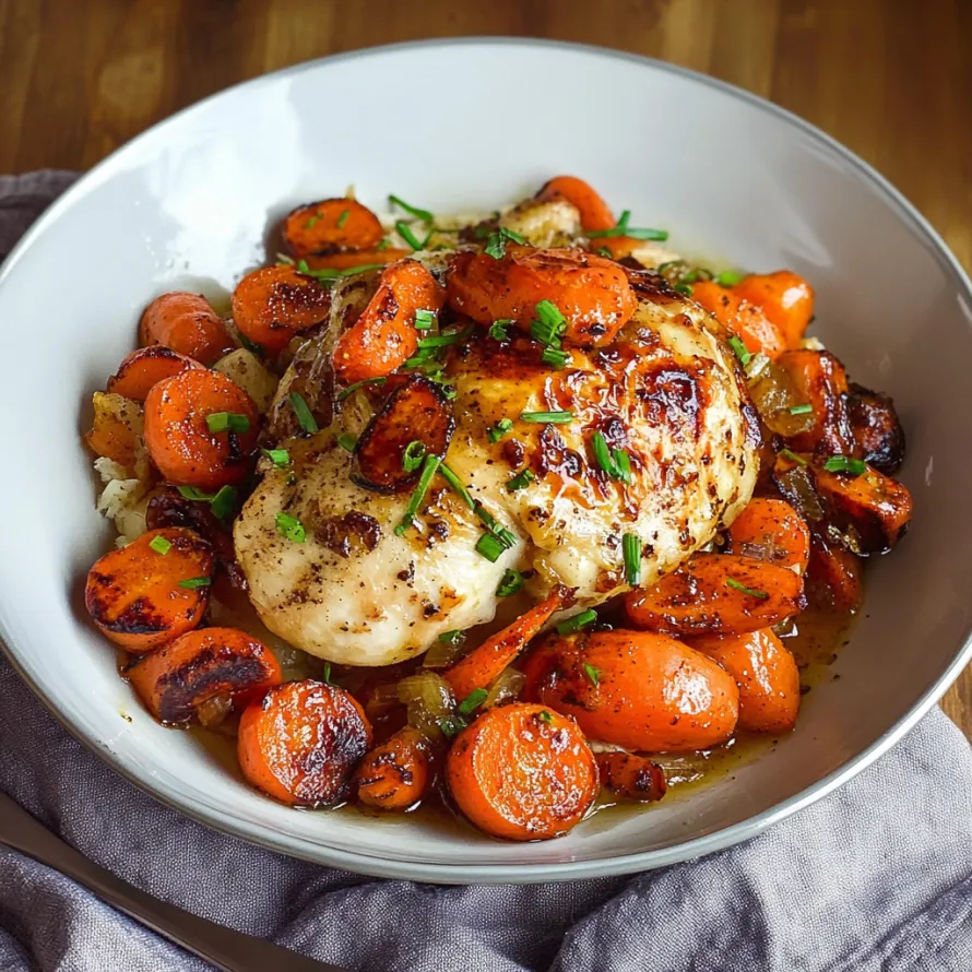 A plate of food with carrots and chicken.