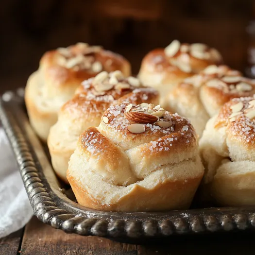 A plate of golden rolls sprinkled with almond pieces.
